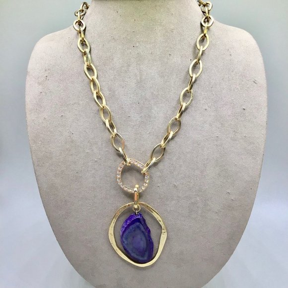 Tori Spelling 80s Necklace Gold Tone Chain Purple Stone Slab Removable Pendant - Picture 9 of 16